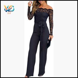 Off-Shoulder Jumpsuit with Lace Trim, Straight Leg, Long Sleeve, Size Medium